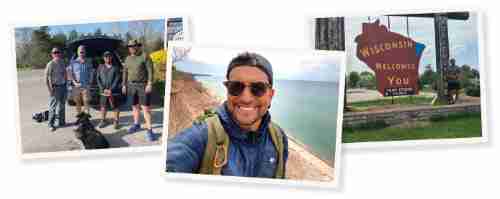 Three photos collaged together, first of Travis with three other people and dog standing by an open trunk; one is a selfie taken at the beach; the third is Travis with the 'Wisconsin Welcomes You' sign (shaped like the state).